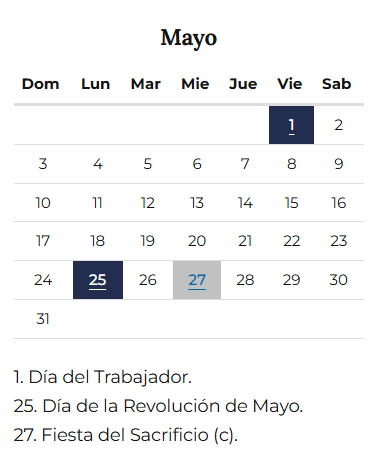 Feriados oficiales en el mes de mayo 2026. Foto: Gobierno de Argentina