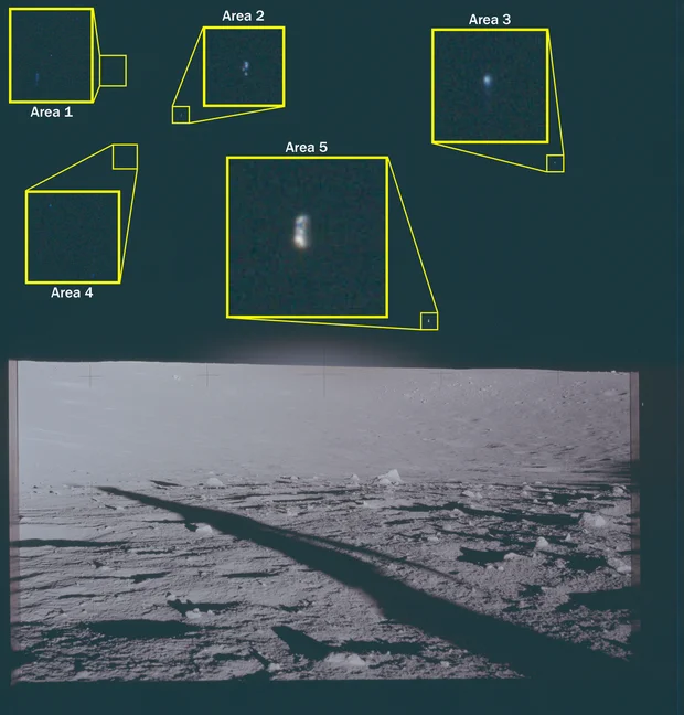 Una fotografía de archivo tomada en la Luna por los astronautas del Apolo 12 en 1969, con recuadros superpuestos que muestran 
