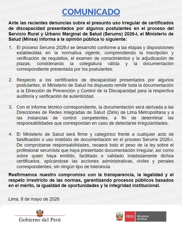 Comunicado del Ministerio de Salud