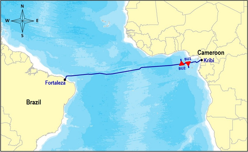 El cable submarino chino une Kribi, en Camerún, con Fortaleza, en Brasil. Foto: CDN