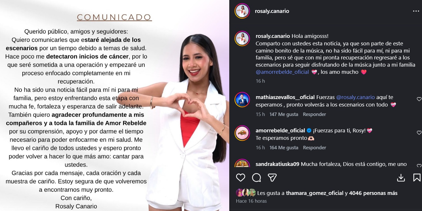 La cantante peruana Rosaly Canario se retira temporalmente tras ser diagnosticada con cáncer.  
