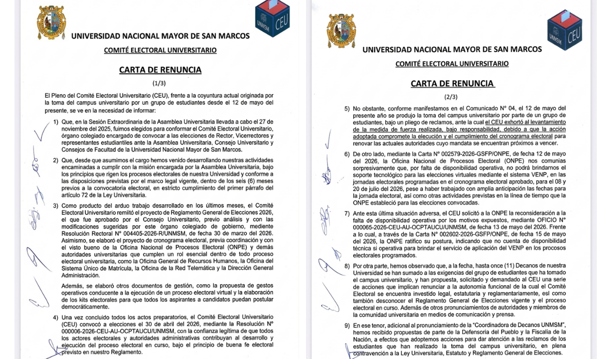 Carta de renuncia del Comité Electoral Universitario