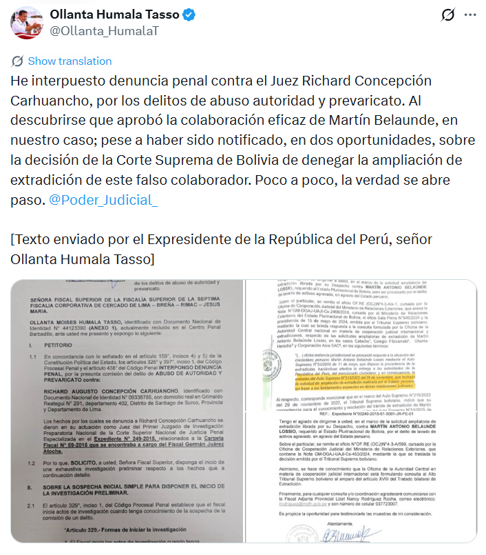 Desde la cuenta de X de Ollanta Humala se informó sobre la denuncia penal interpuesta contra el juez Carhuancho Desde la cuenta de X de Ollanta Humala.