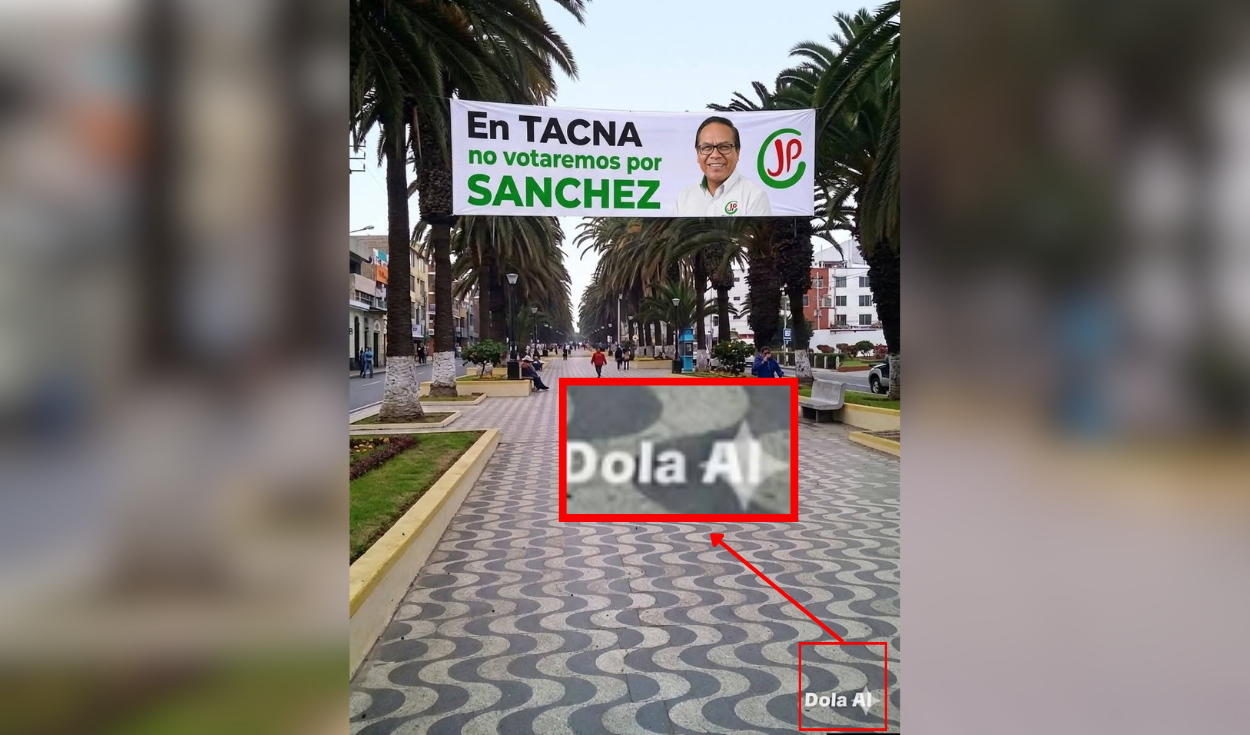 La imagen falsa incluye en la parte inferior una marca de agua visible de Gemini.