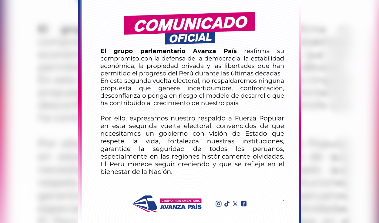 Avanza País anunció su respaldo a la candidatura de Keiko Fujimori mediante un comunicado.