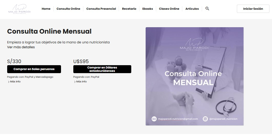Tarifa de precios del plan nutricional ofrecido por Majo Parodi.