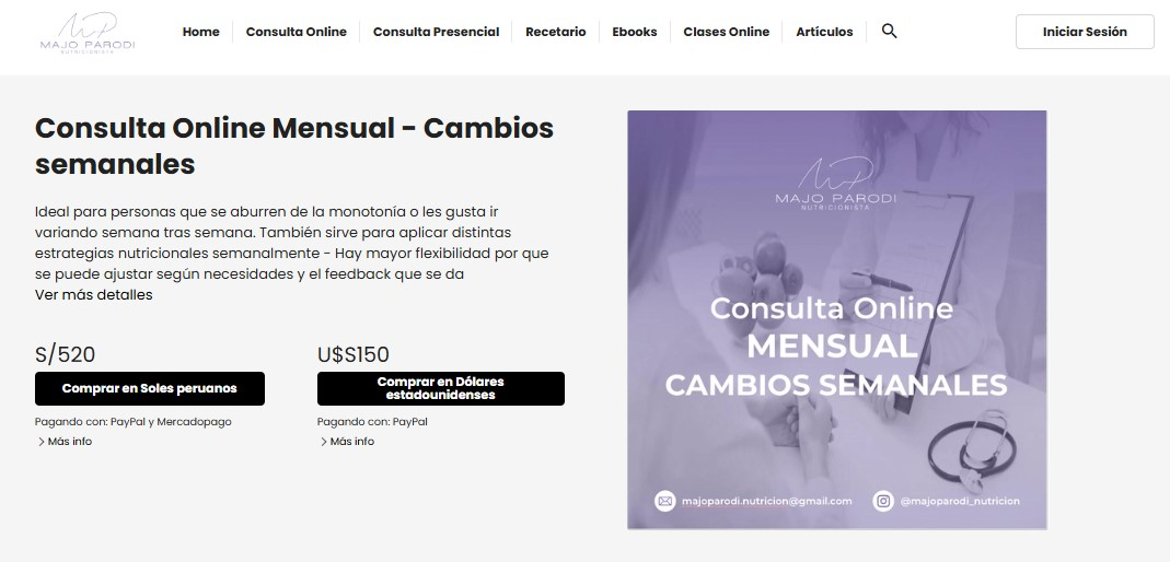 Costo del plan nutricional mensual con cambios semanales de Majo Parodi.