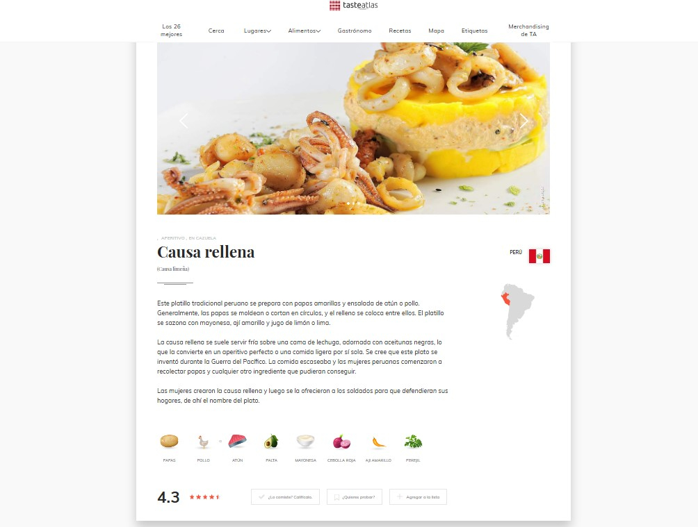 La causa rellena es el mejor plato de atún en América Latina en 2026. Foto: Taste Atlas