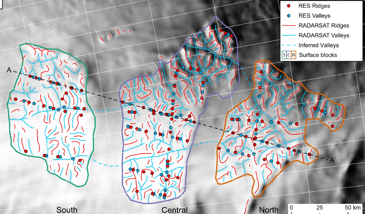 El mapeo de los bloques del paisaje subglacial revela una red de valles. Foto: Nature