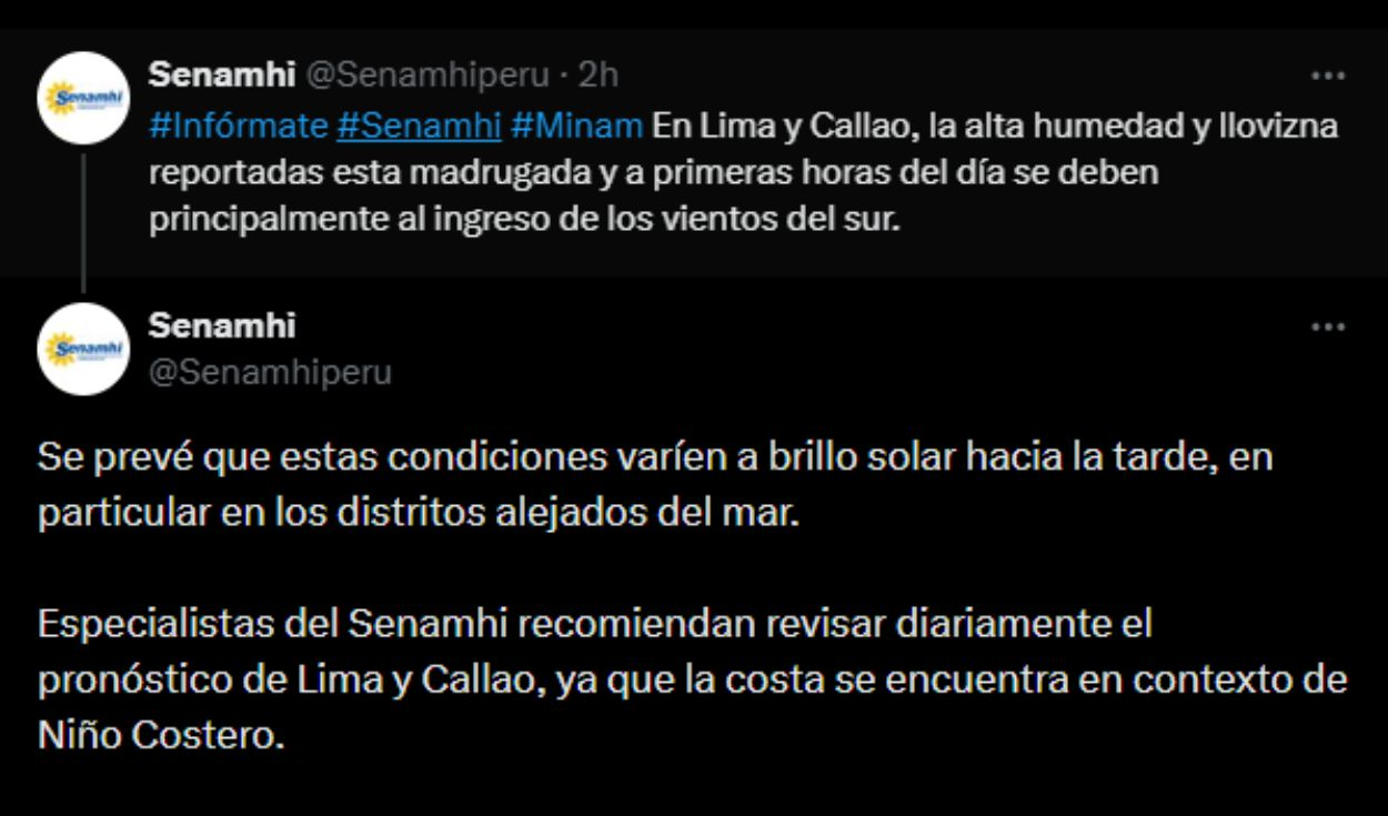 Senamhi informó a través de su cuenta de X que se trataría de un fenómeno momentáneo. Foto: captura