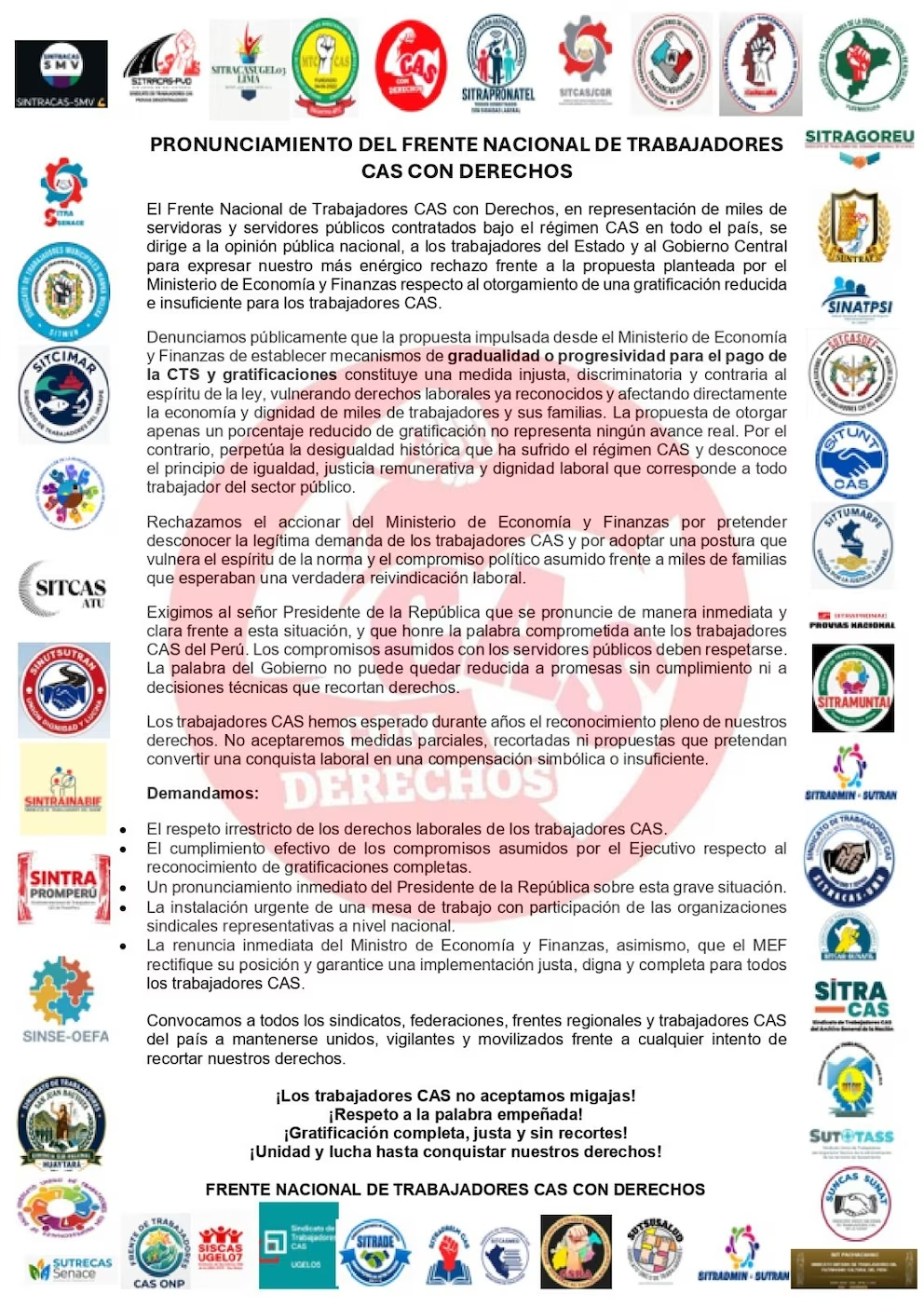 El Frente Nacional de Trabajadores CAS rechaza la propuesta del MEF de otorgar una gratificación reducida y aplicar un pago gradual de los beneficios laborales.