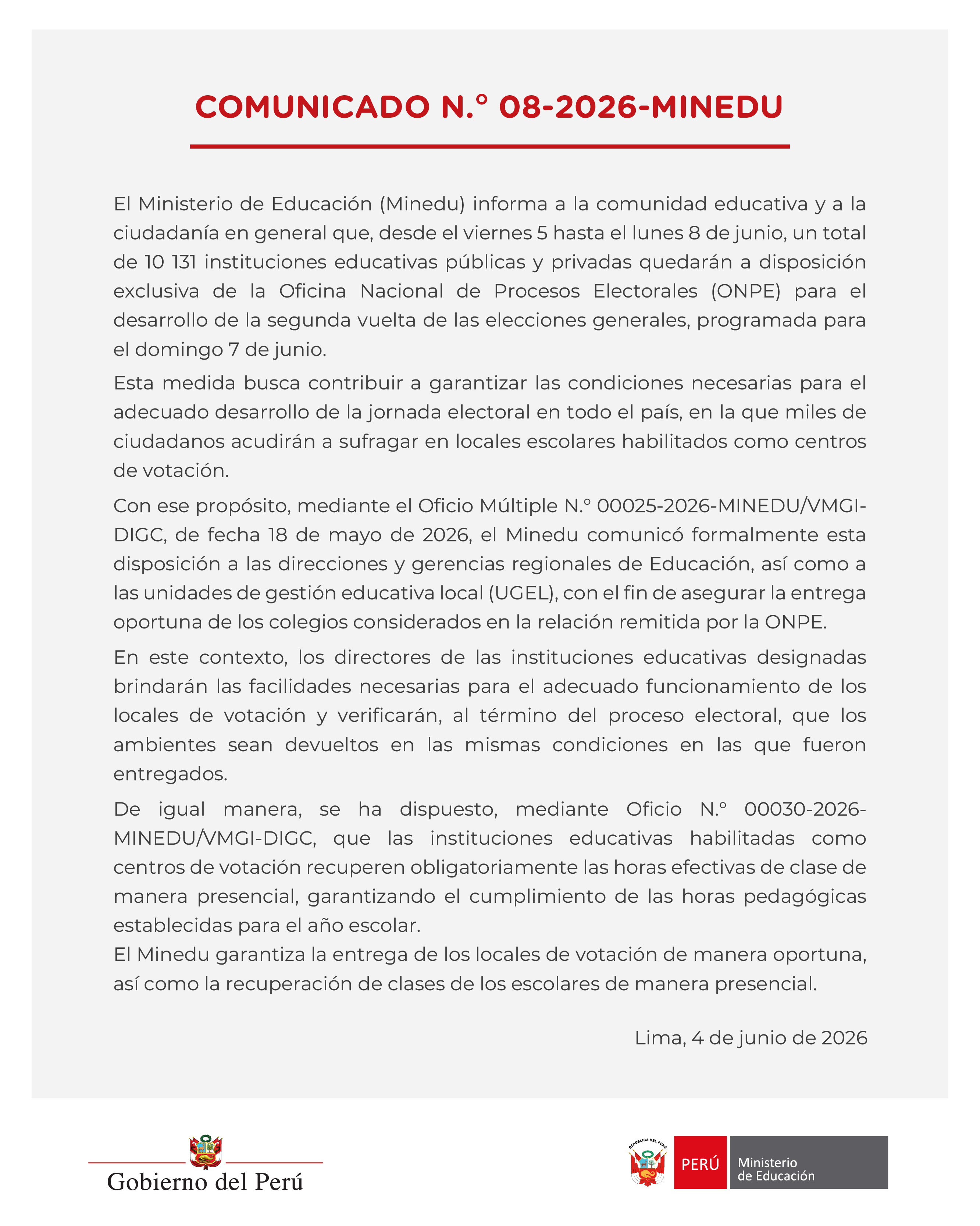 Comunicado del Minedu sobre la suspensión de clases por la segunda vuelta electoral.  