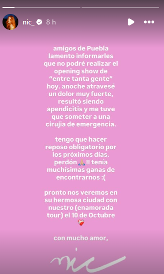 Mensaje de Nicole Zignago. Foto: Instagram Nicole Zignago