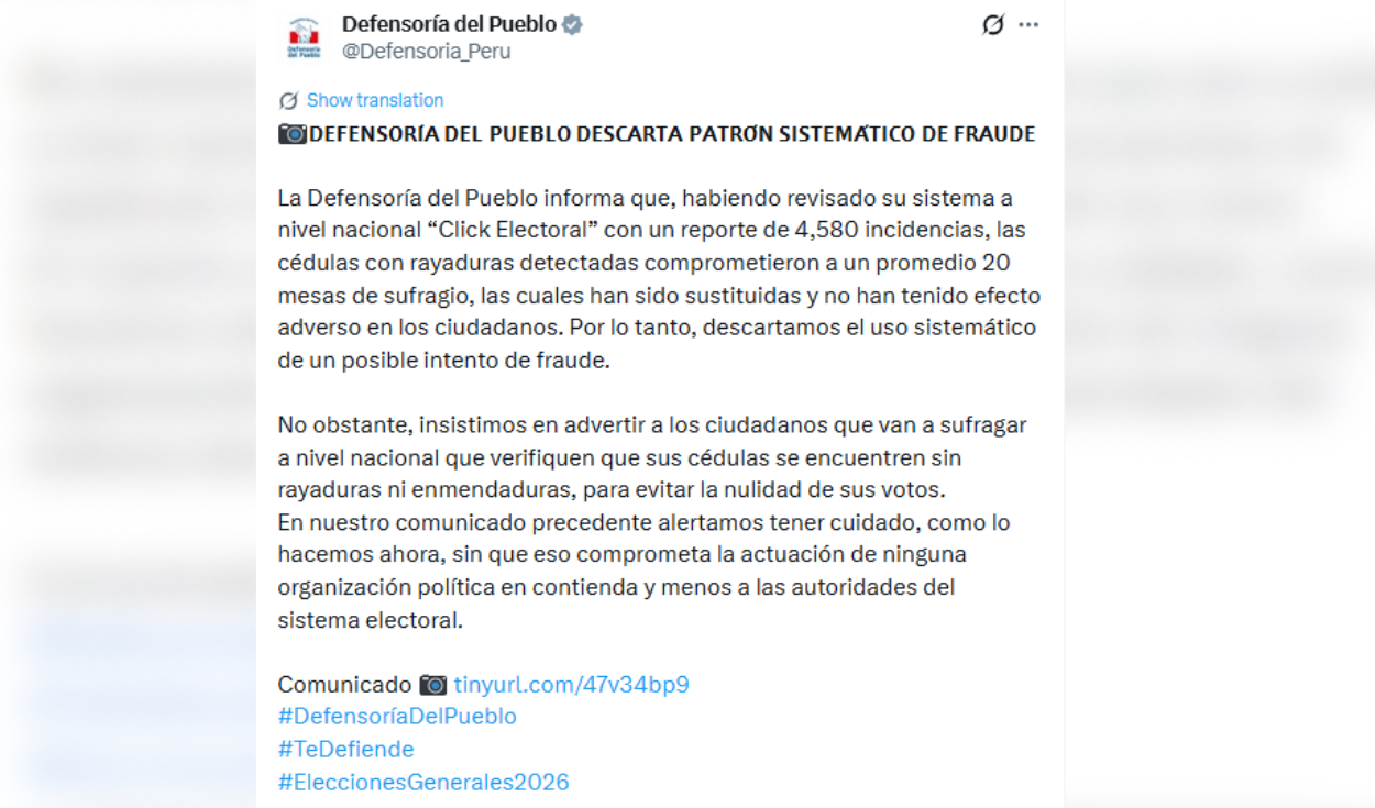 Comunicado de la Defensoría del Pueblo en el que descarta