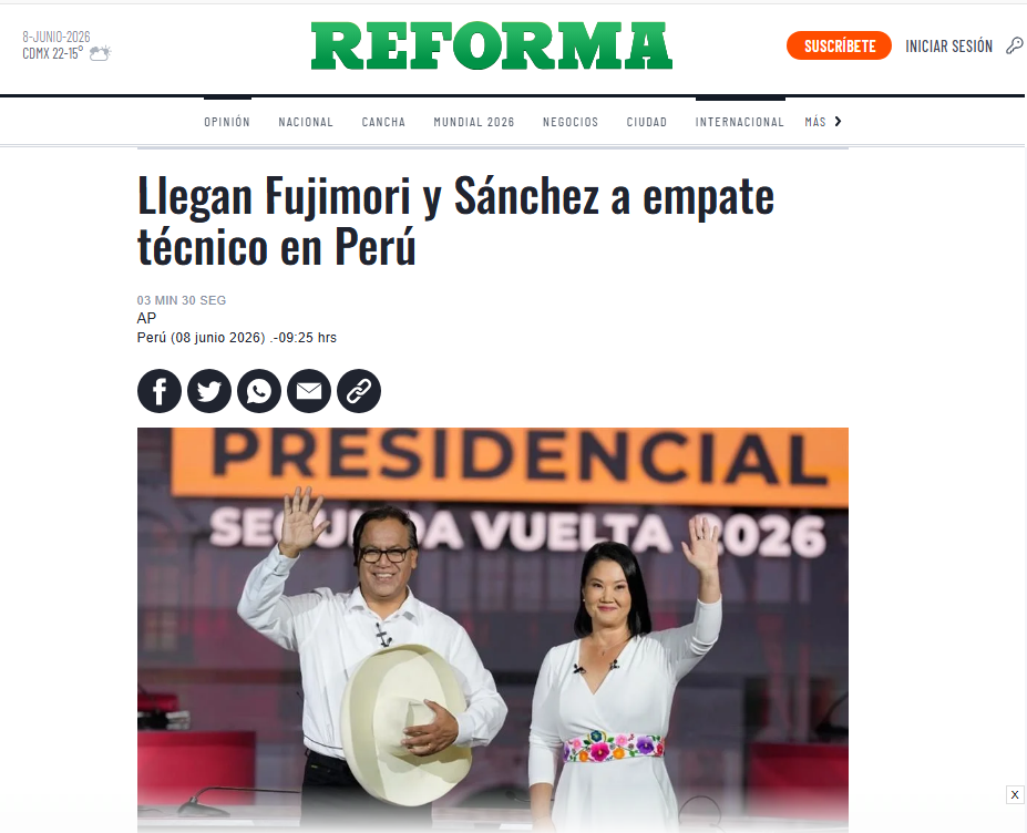 Así informó Reforma el panorama electoral en Perú. Foto: Reforma
