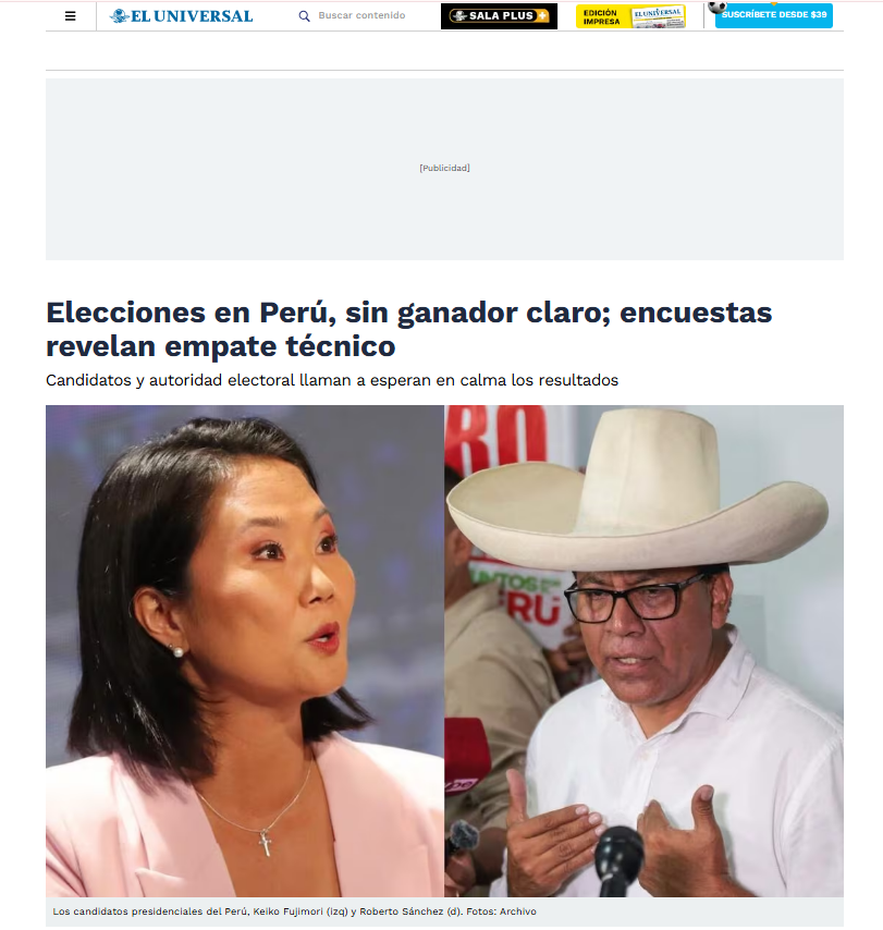Así informó El Universal los resultados electorales en Perú. Foto: El Universal