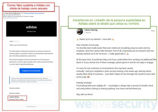 Correo electrónico falso que suplanta a Adidas. Y advertencia en LinkedIn de la persona suplantada en la empresa sobre la estafa a su nombre.