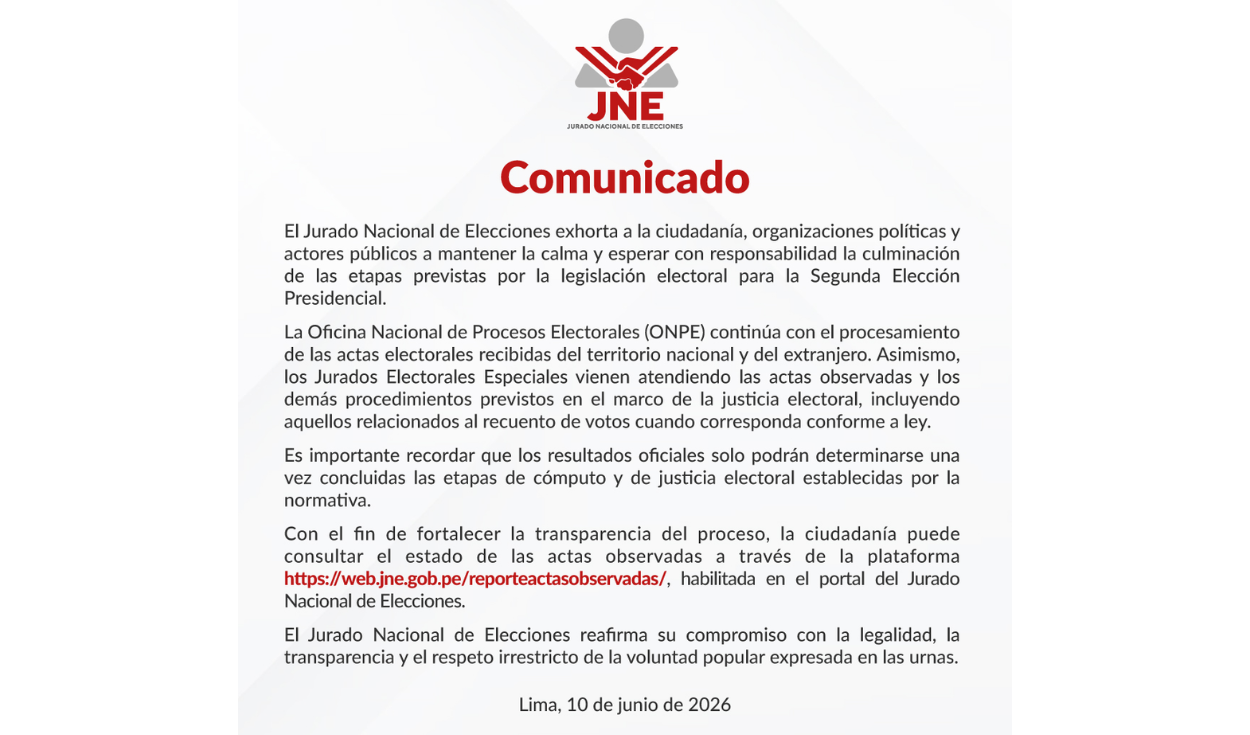 Último comunicado del JNE. Foto: JNE