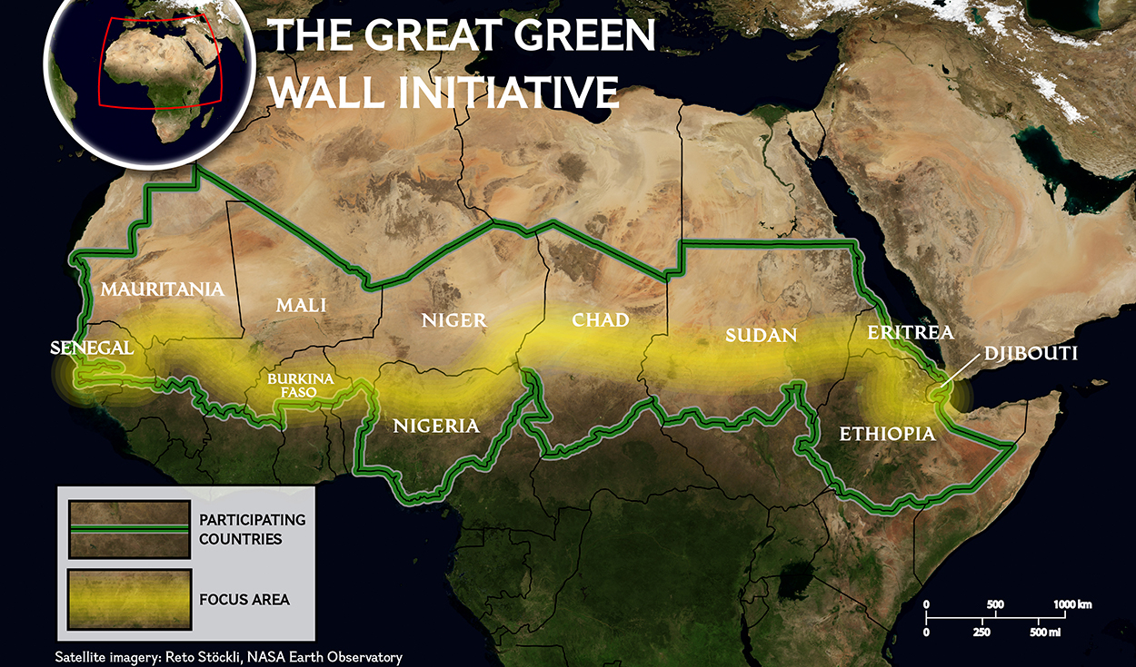 Imagen satelital de la extensión que planea cubrir La Gran Muralla Verde en África. Foto