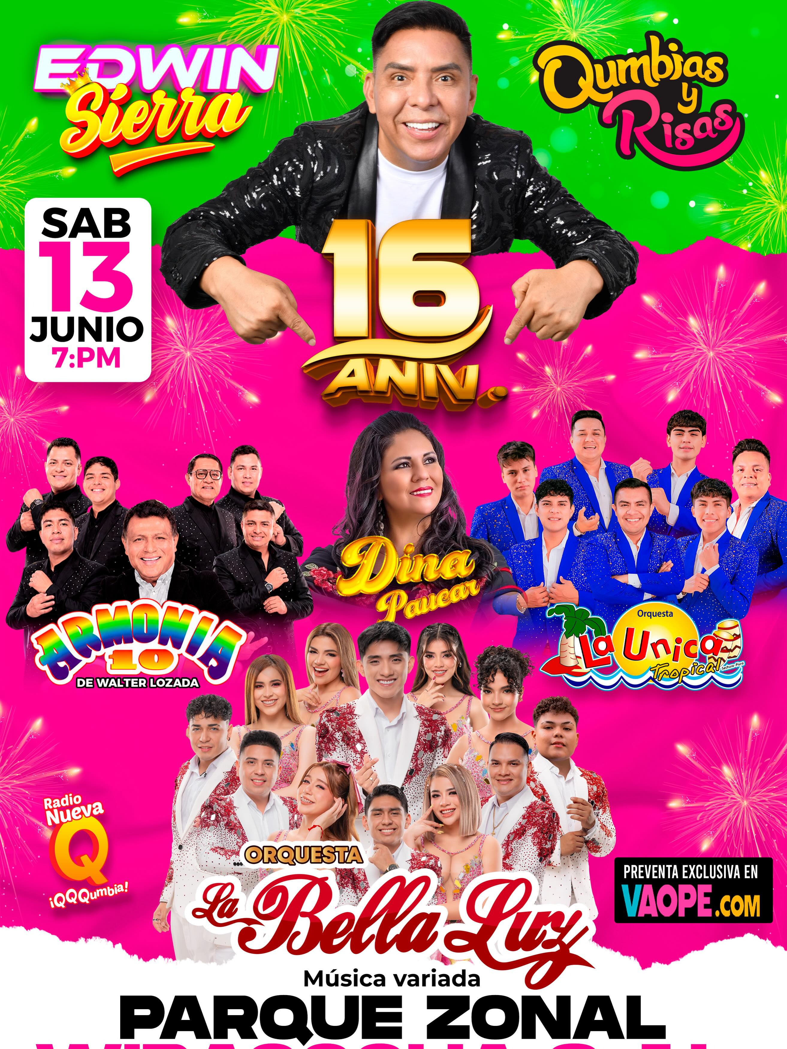 Edwin Sierra celebra los 16 años de su programa ‘Qumbias y risas’ con una gran fiesta el sábado 13 de junio en el Parque Zonal Wiracocha, San Juan de Lurigancho.