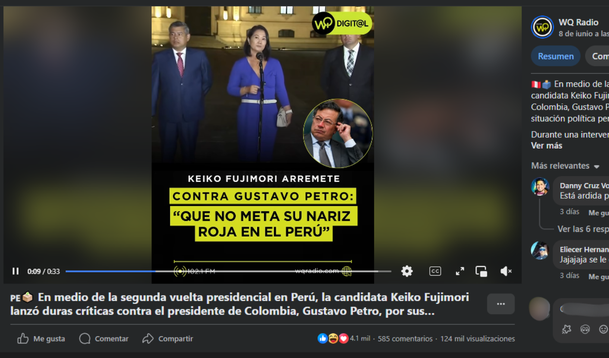 Keiko Fujimori sí cuestionó las declaraciones de Gustavo Petro sobre Perú, pero fue en 2023, no durante la segunda vuelta de 2026