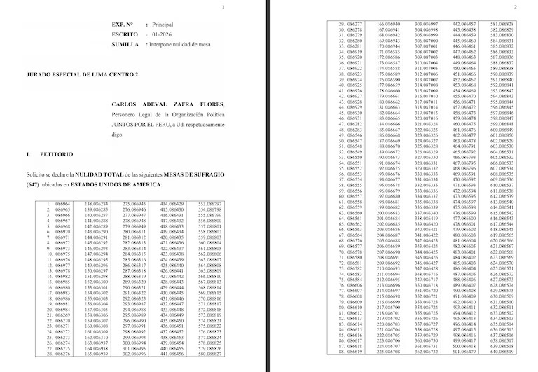 Solicitud de Juntos por el Perú para anular mesas de votación ubicadas en Estados Unidos.