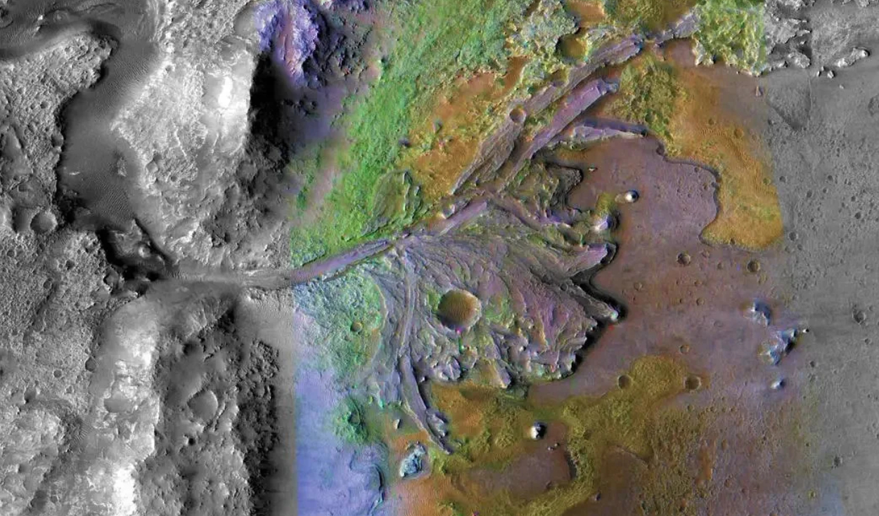 Restos de un delta fluvial en el cráter Jezero, donde el rover Perseverance está explorando actualmente. Foto: NASA/JPL-Caltech/MSSS/JHU-APL