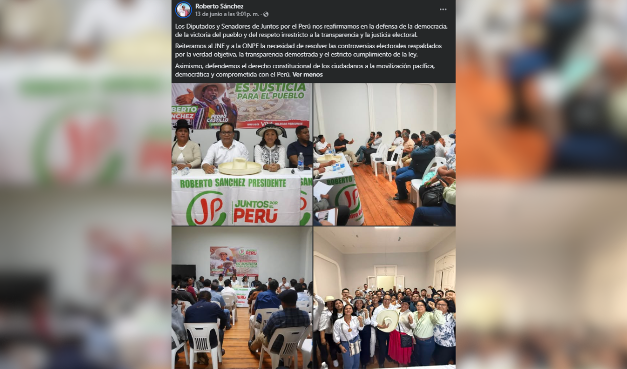 Roberto Sánchez difundió en su cuenta de Facebook imágenes de la plenaria de Juntos por el Perú.