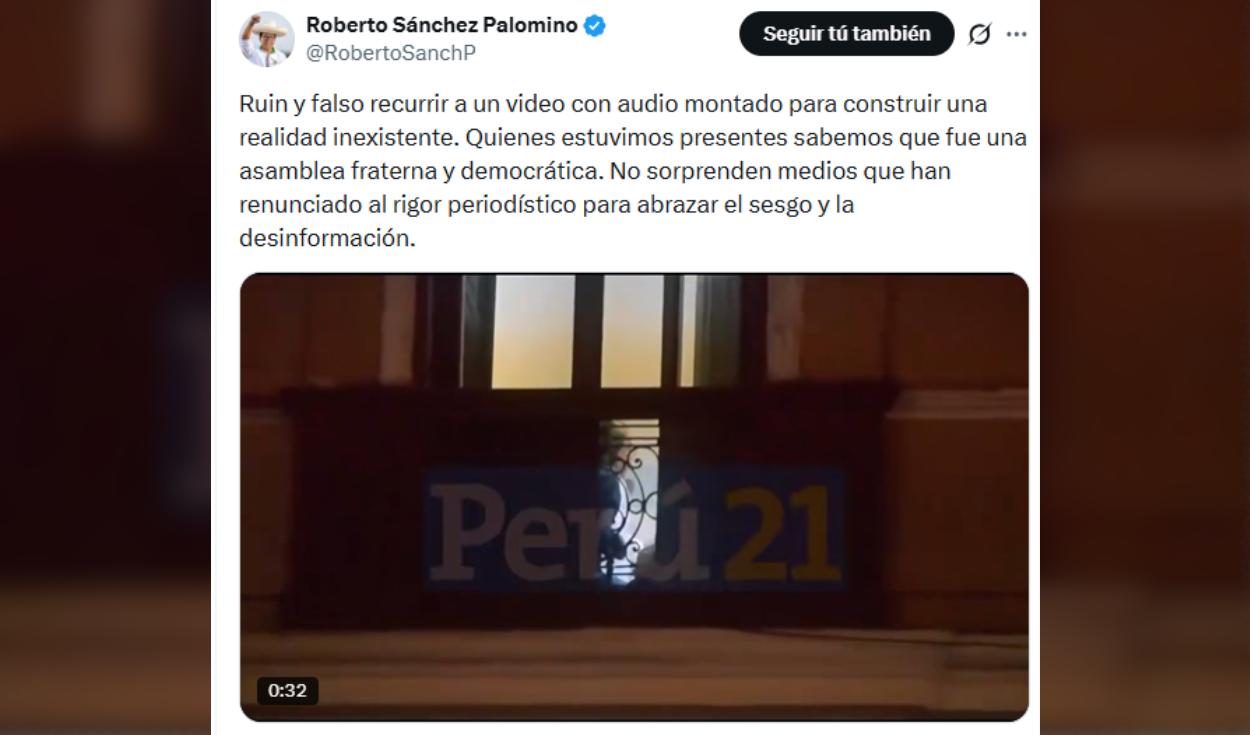 Roberto Sánchez emitió un comunicado luego de la difusión de un video editado de Perú21 al que se le habría añadido un audio de César Uribe..