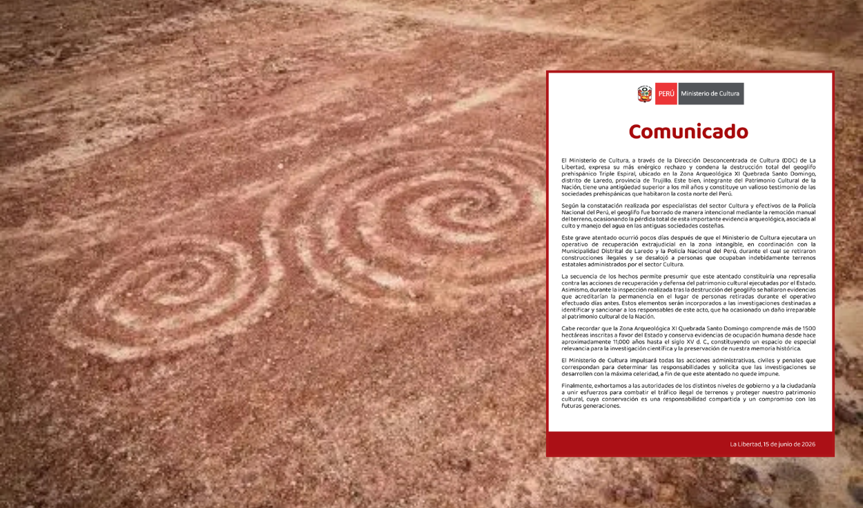 Peru's Ministry of Culture condemns destruction of ancient Triple Spiral geoglyph, vows legal action