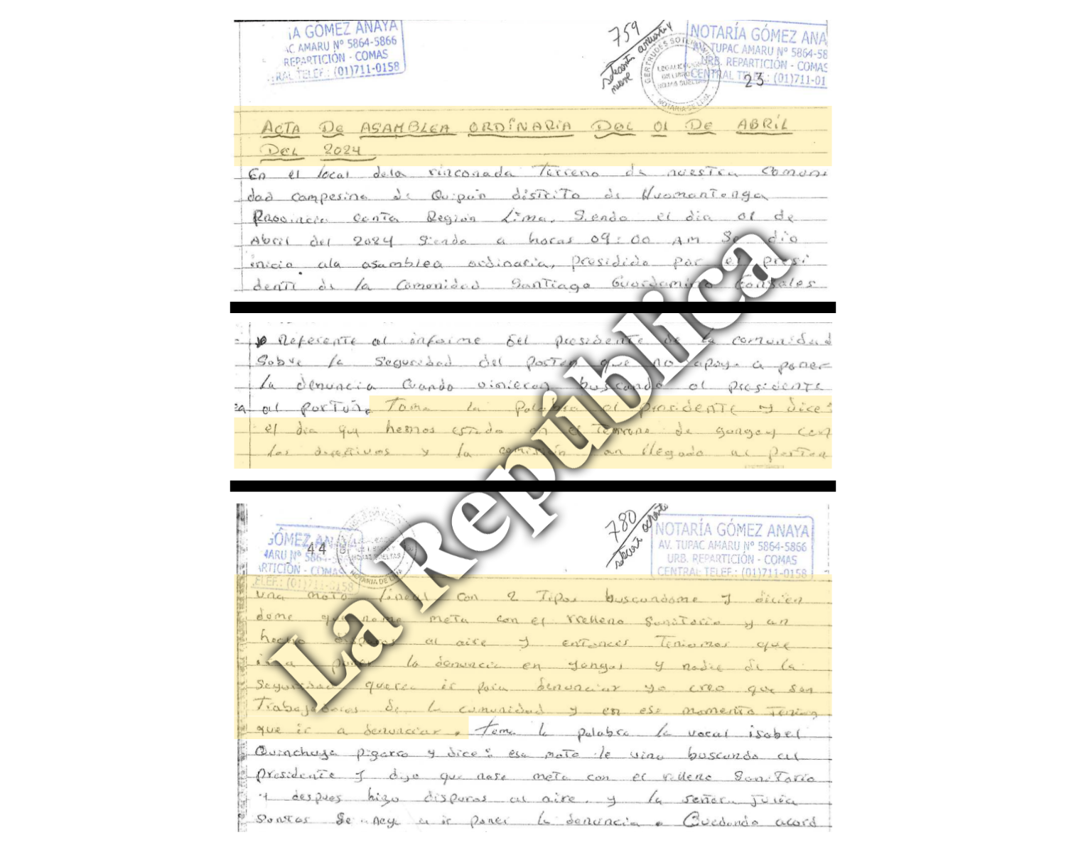 Evidencia. El acta de la última reunión en la que intervino Guardamino, dejado constancia sobre las amenazas de muerte. Foto: La República