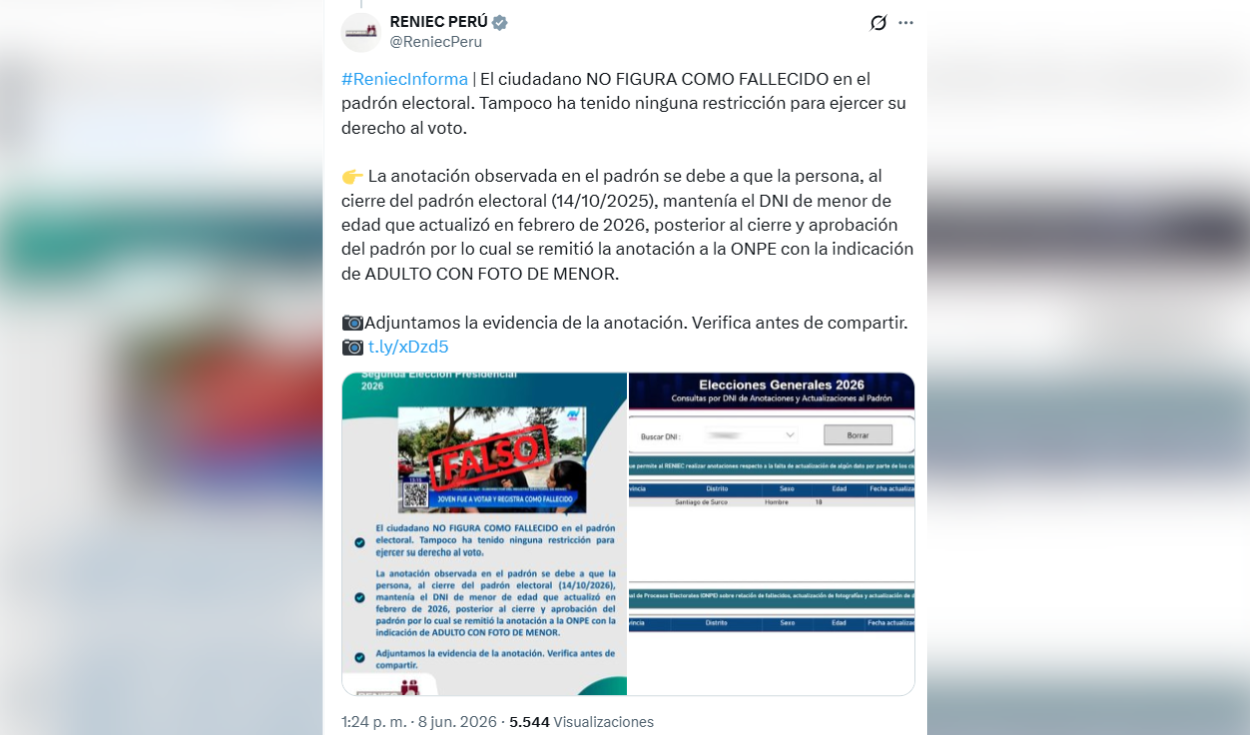 Comunicado de Reniec.