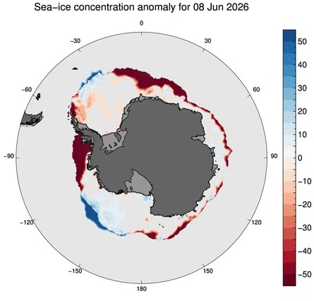 Satélites del NSIDC revelan que el mar de Bellingshausen en la Antártida perdió el 50% de su hielo marino invernal. Foto: Phil Reid/Oficina de Meteorología/Centro Nacional de Datos de Nieve y Hielo