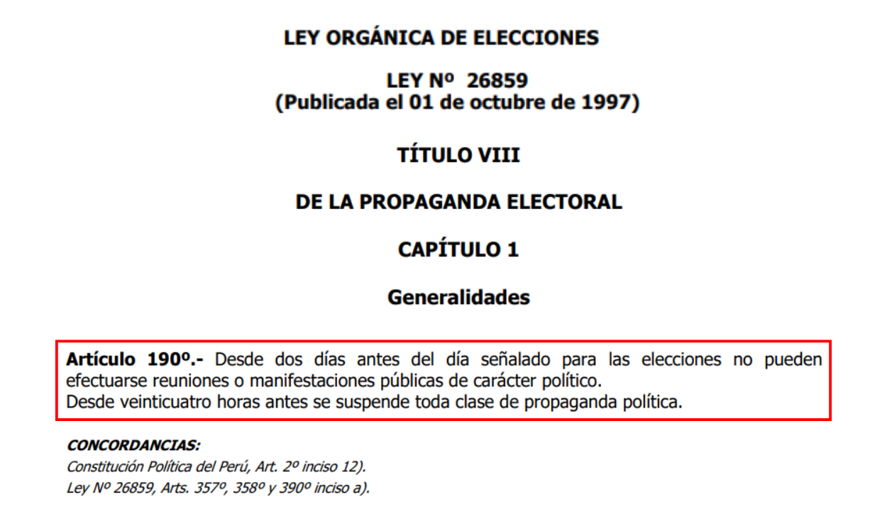 Artículo 190 de la Ley Orgánica de Elecciones (Ley N.° 26859). Foto: Congreso de la República