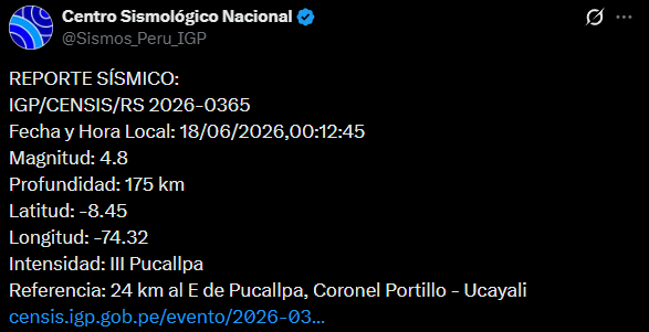 Temblor en Ucayali. Foto: IGP