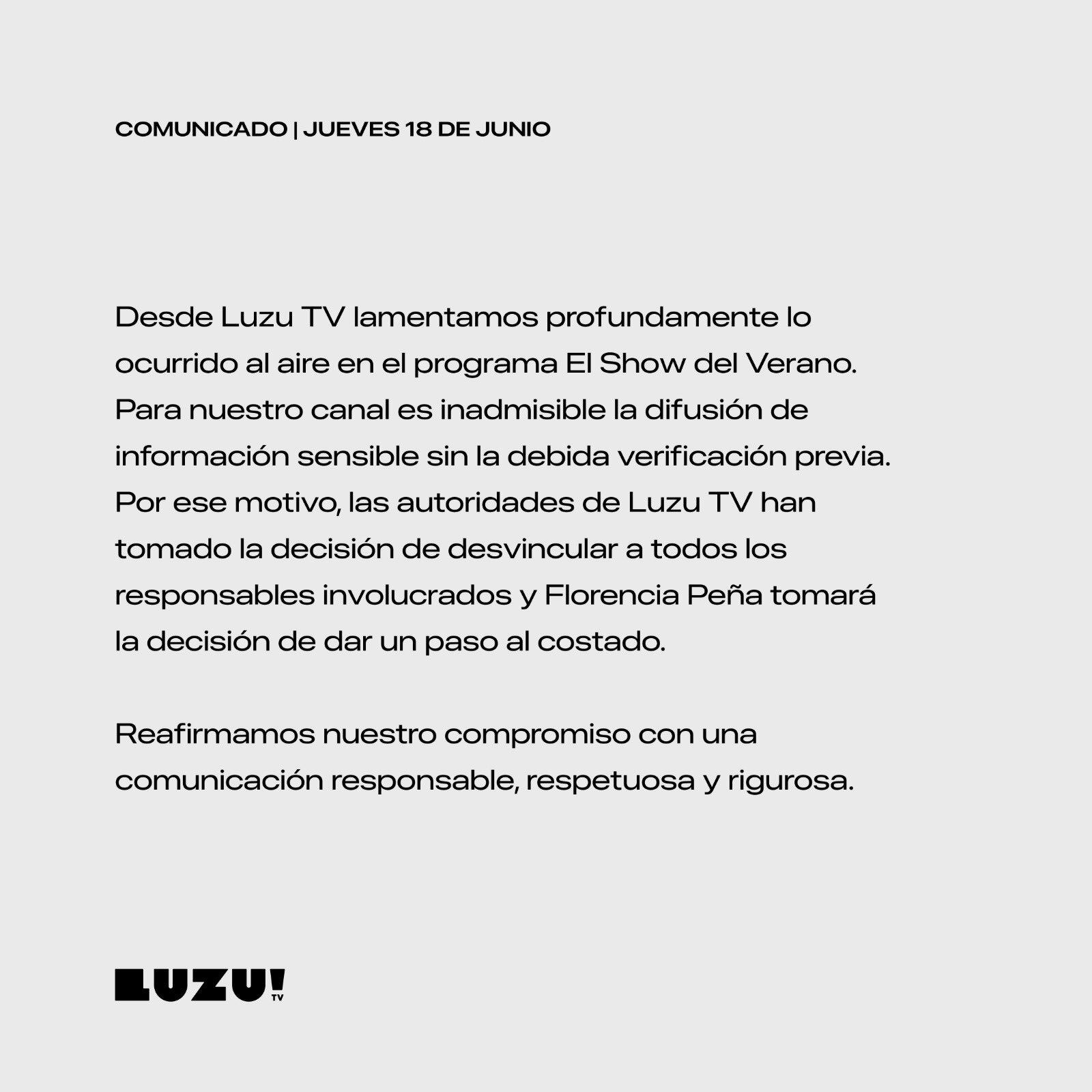 Comunicado de LUZU TV tras las fake news difundidas en vivo por Florencia Peña sobre el papá de Messi. Foto: captura