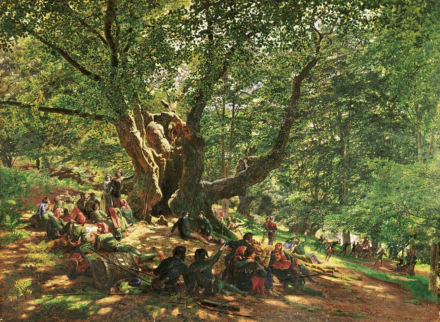 En este óleo de 1859, el pintor inglés Edmund George Warren representó al bandido medieval y a su banda de “merry men” alrededor del roble del bosque de Sherwood.