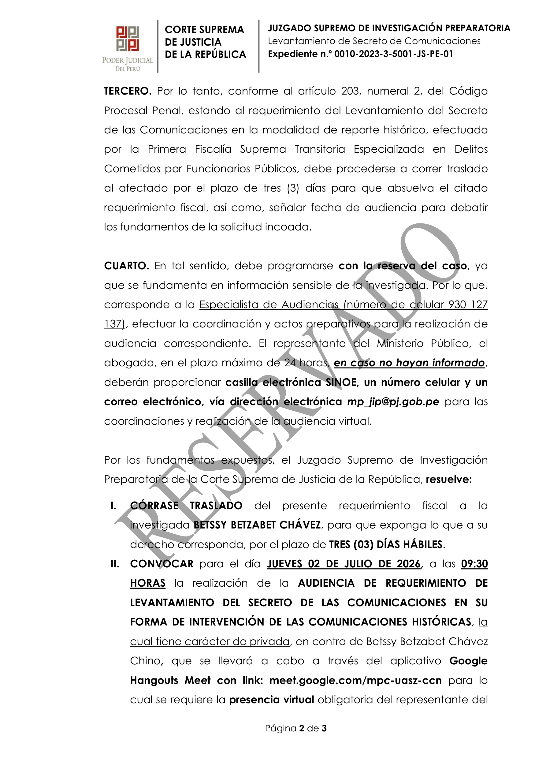 Decisión del Poder Judicial para programar la audiencia contra la excongresista.