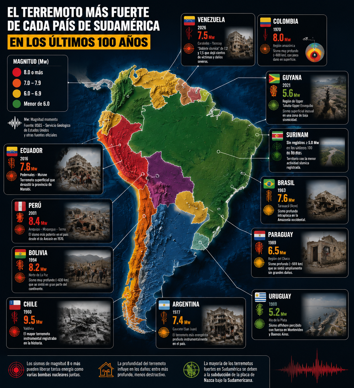 Mapa histórico del terremoto más fuerte de cada país de Sudamérica en los últimos años. Foto: Ilustración LR/ChatGPT