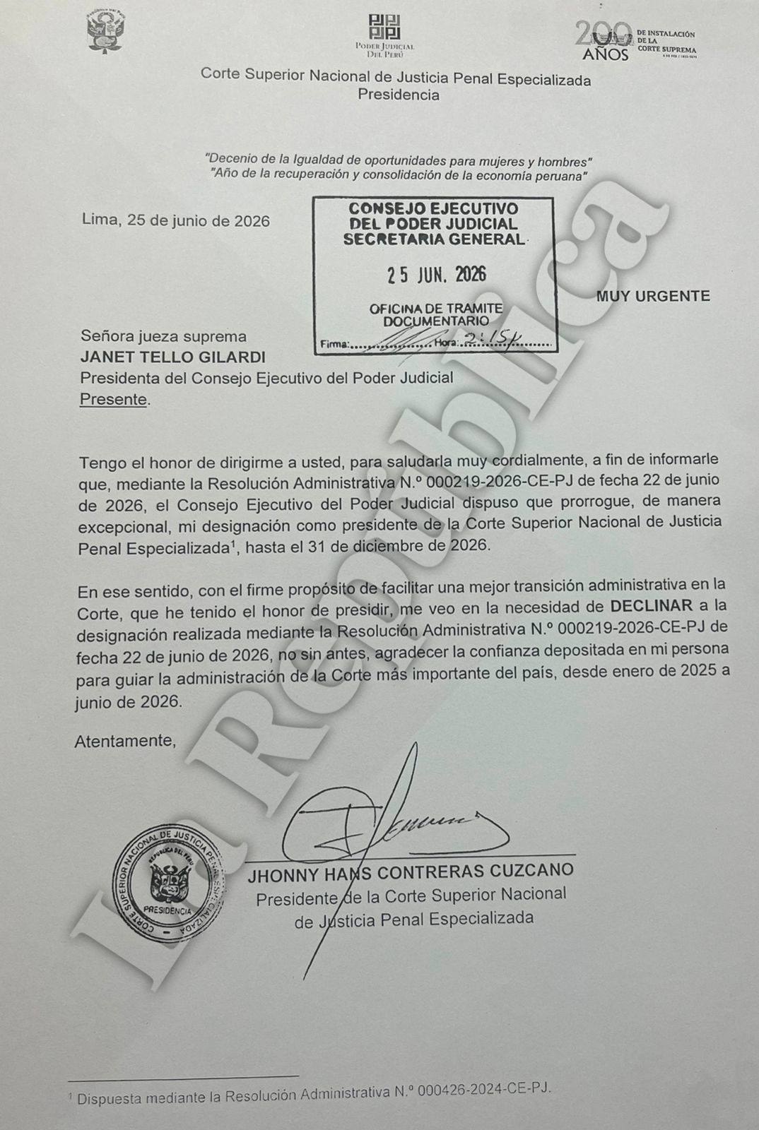 Jhonny Contreras, renuncia a la presidencia de la Corte Penal Nacional