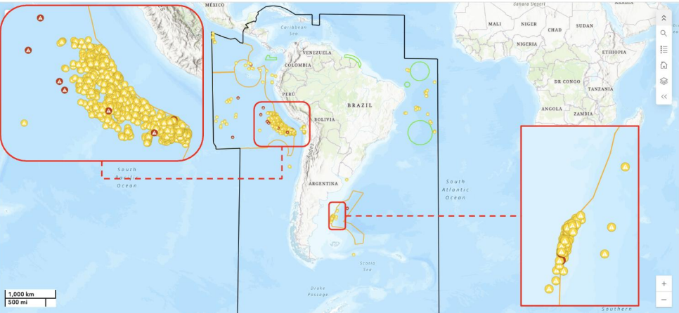 Un mapa del Comando Sur de Estados Unidos identifica zonas con alta concentración de embarcaciones que navegan sin transmitir su ubicación durante el último trimestre de 2025.