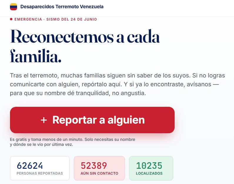 Página web de “Desaparecidos Terremoto Venezuela”. Foto: captura