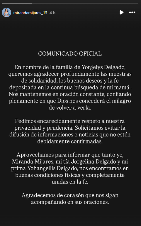 Comunicado de Miranda Mijares, hija de Yorgelis Delgado