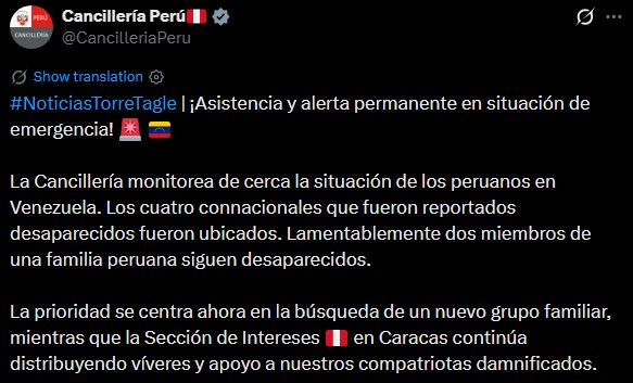 Comunicado de la Cancillería sobre el reporte de los peruanos encontrados