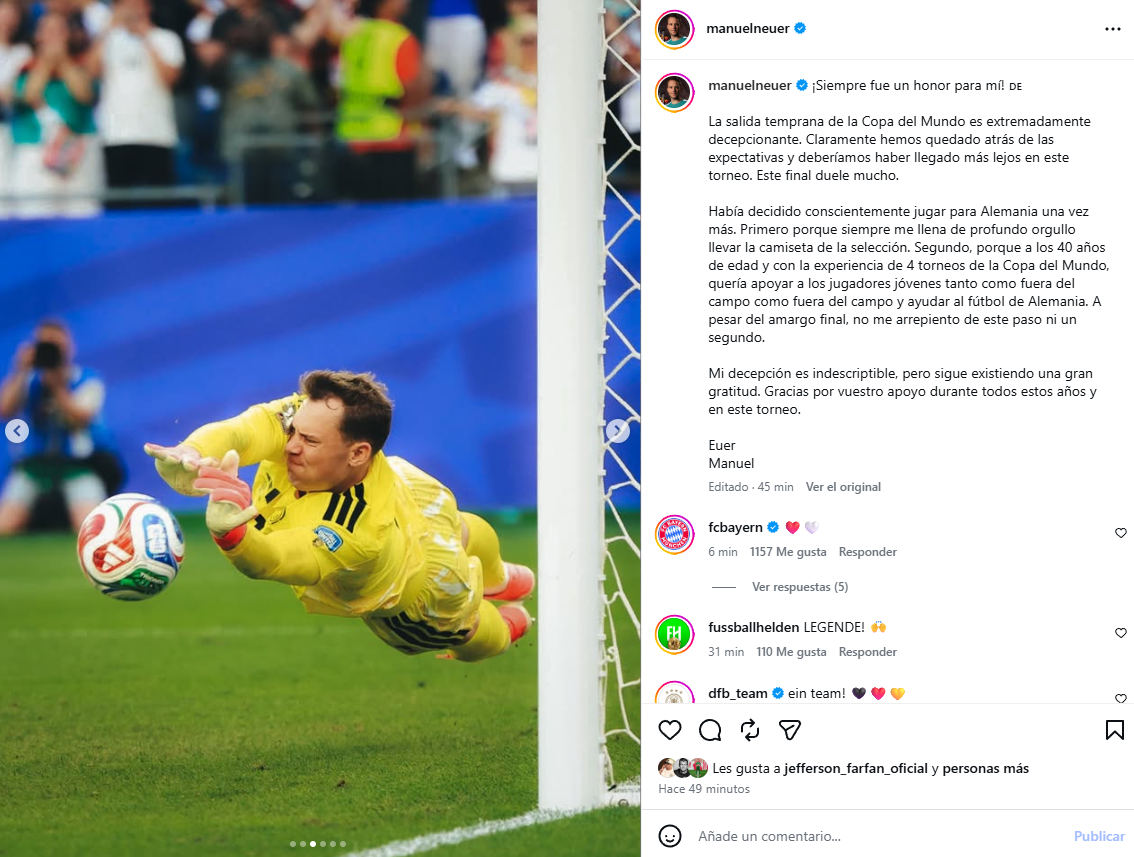Mensaje de Manuel Neuer en sus redes sociales. Foto: Instagram