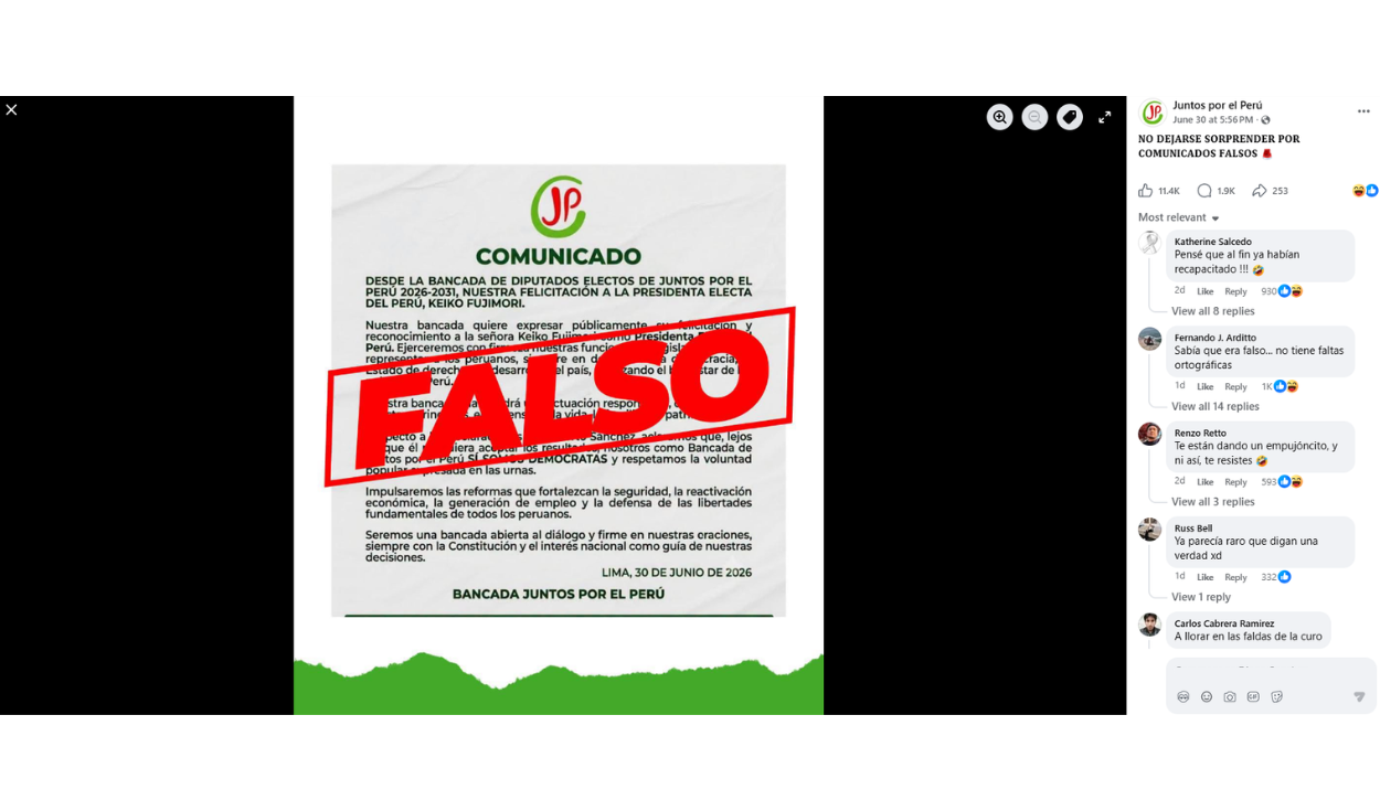 Juntos por el Perú también desmintió el comunicado viralizado. Foto: Juntos por el Perú - Facebook