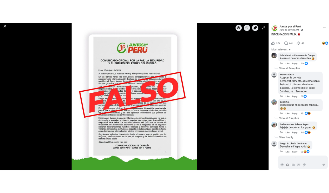 Juntos por el Perú también desmintió el documento pasado. Foto: Facebook
