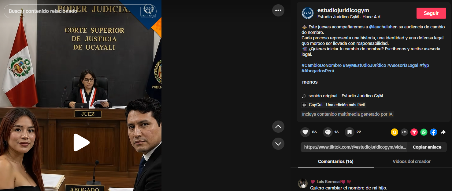 Estudio juridico anunció que acompañó a la 'Uchulú' en el proceso para cambiar su nombre y sexo el último jueves. Foto: TikTok.