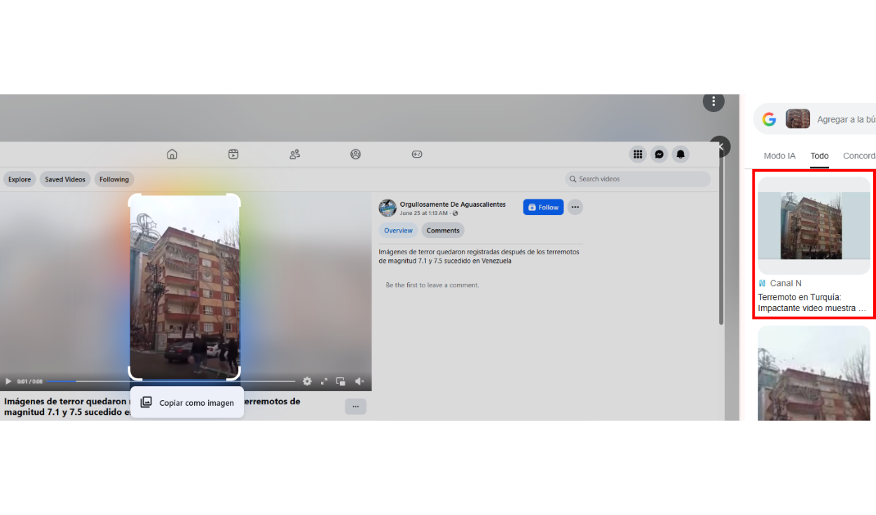 Búsqueda inversa con Google Lens permitió encontrar nota de Canal N en 2023. Foto: Facebook