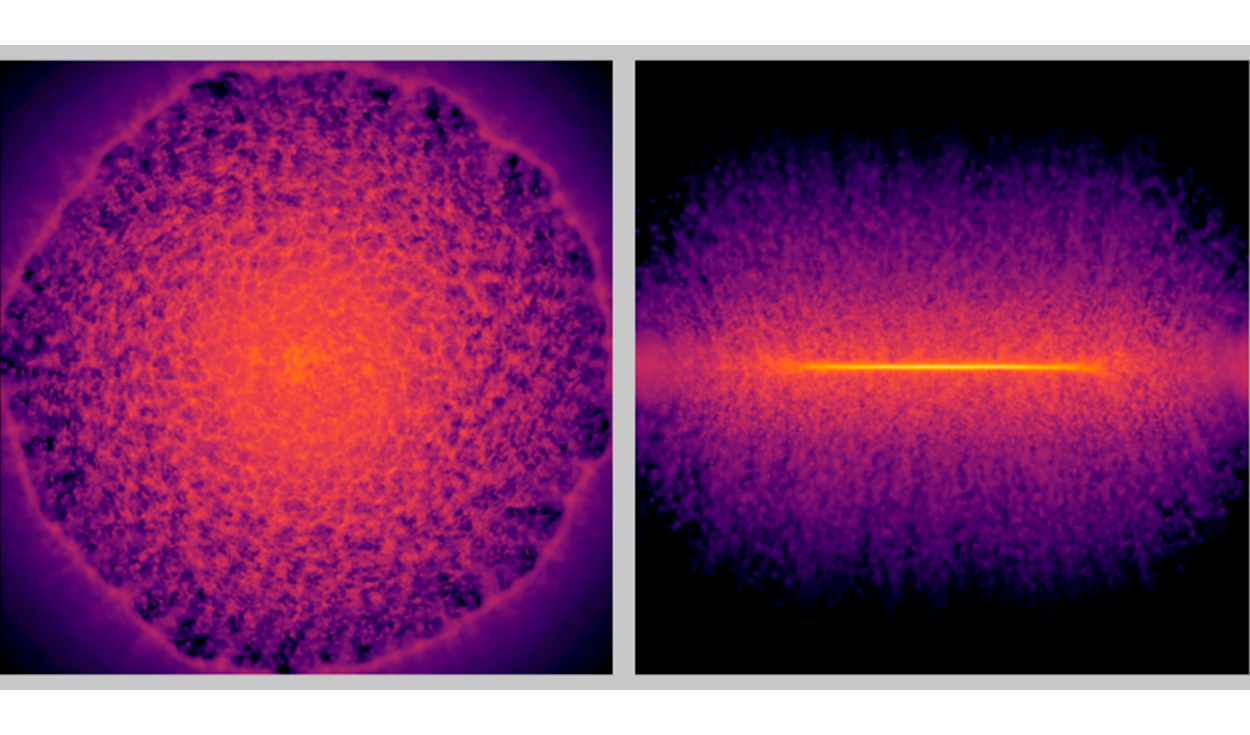 Imágenes frontales (izquierda) y laterales (derecha) de un disco galáctico de gas. Estas imágenes de la distribución del gas tras la explosión de una supernova fueron generadas mediante el modelo. Foto: Riken